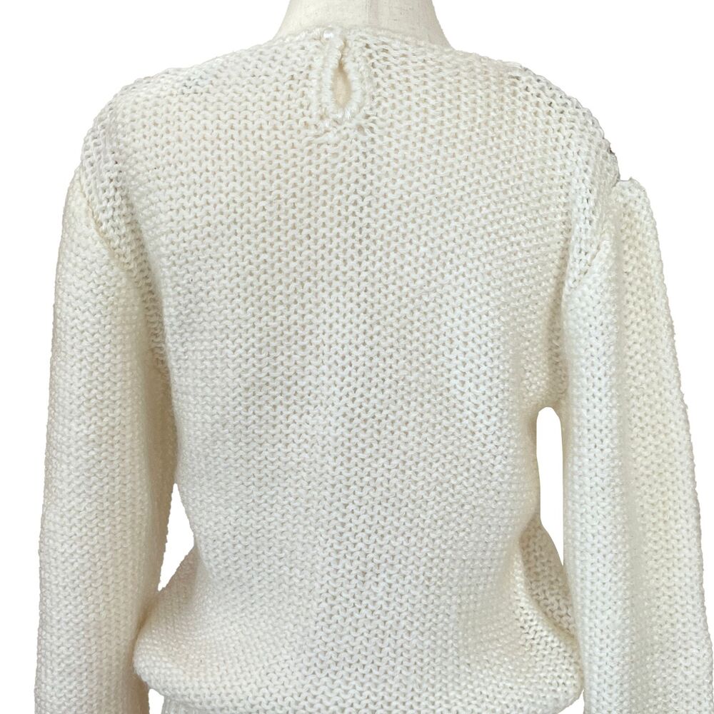Vintage 80s Sharon Sports Knit Sweater S Acrylic Colorblock White Brown Blue - Picture 6 of 9
